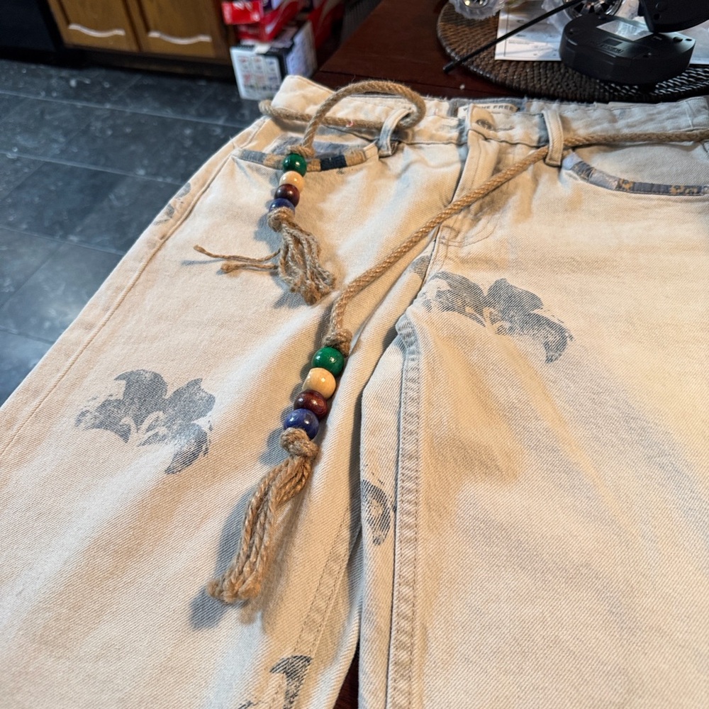 Free People Tan Boyfriend Jeans with Beaded Rope Belt